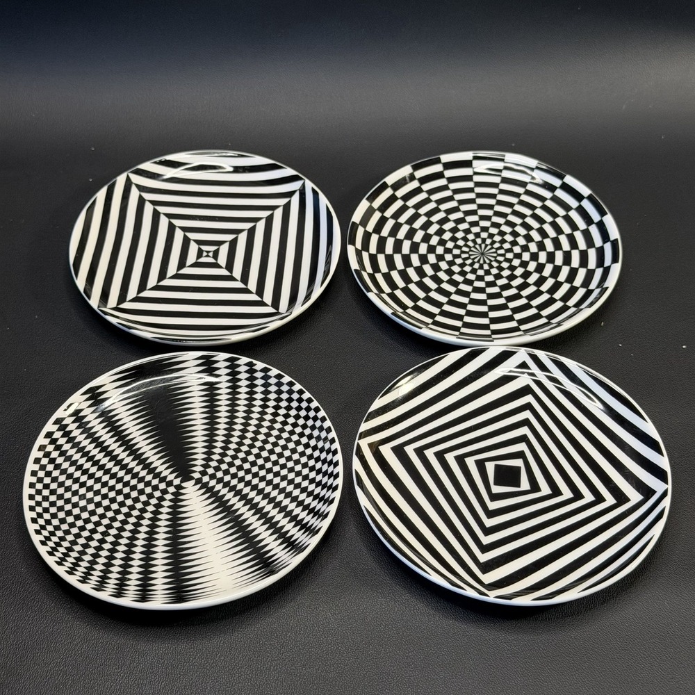 Jonathan Adler Black White Snack Plate Butter Pats Mind Bending Set of 4